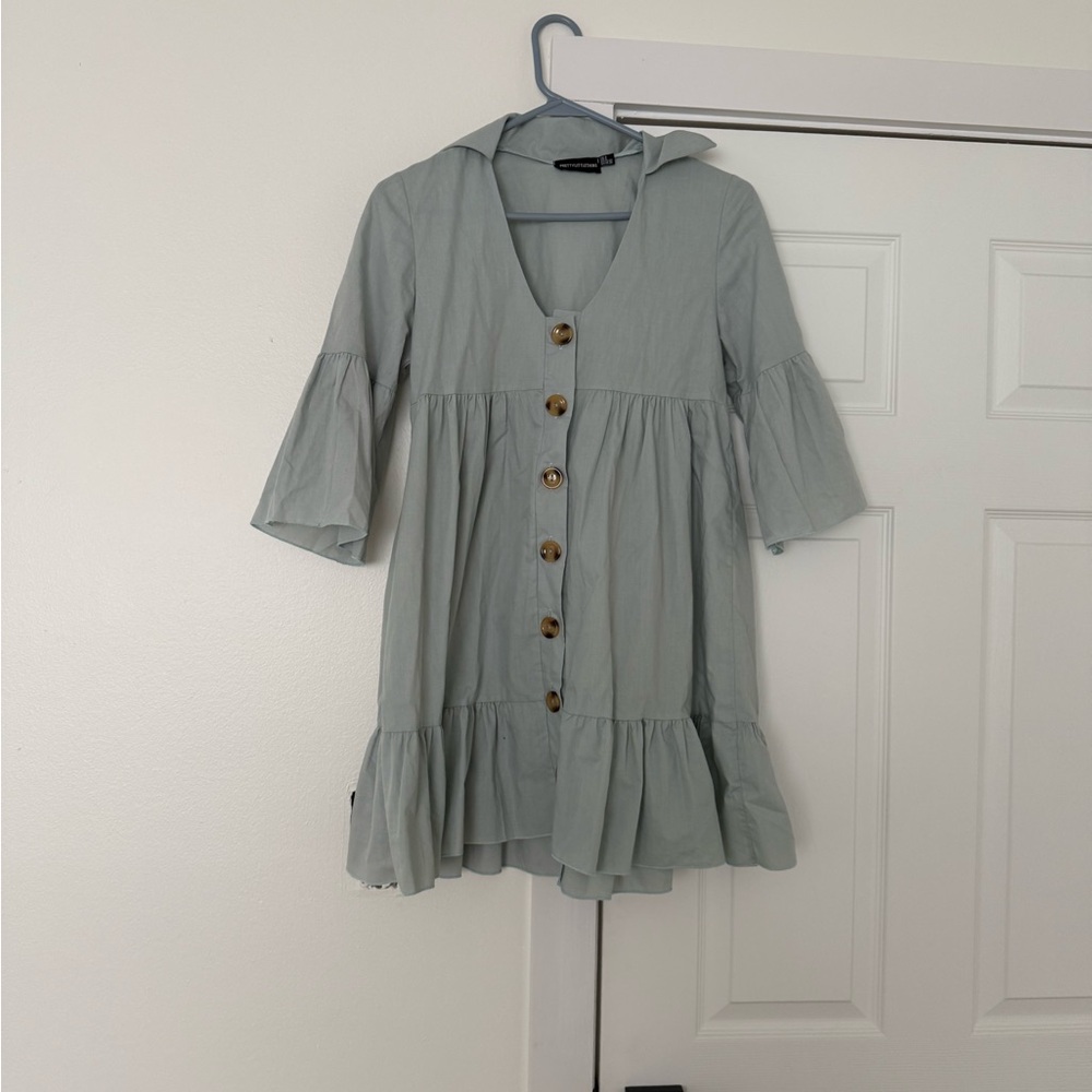 PrettyLittleThing Sage Green Button-Front Tiered Mini Dress